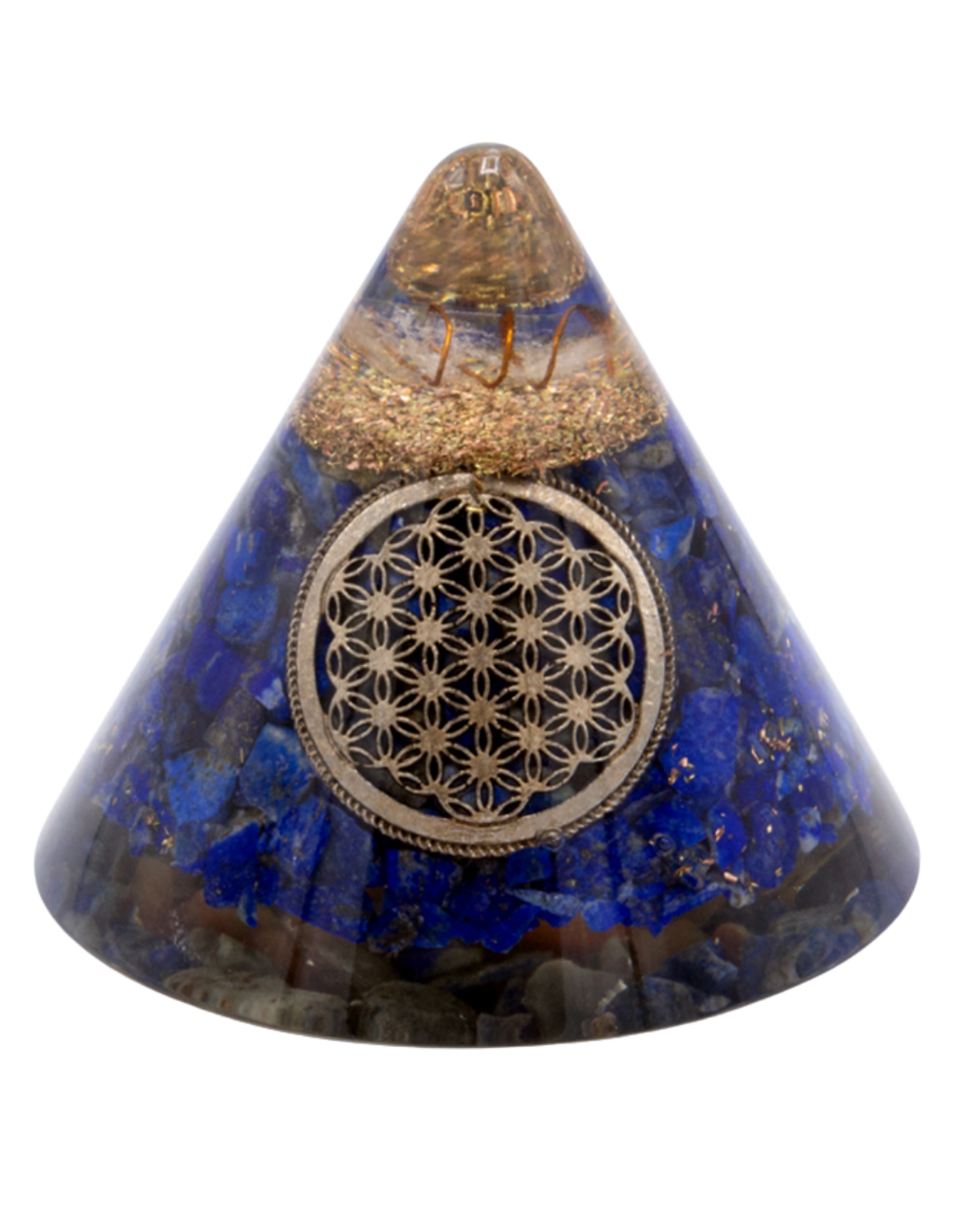 Orgonite - Cône Lapis & Quartz - Fleur de vie