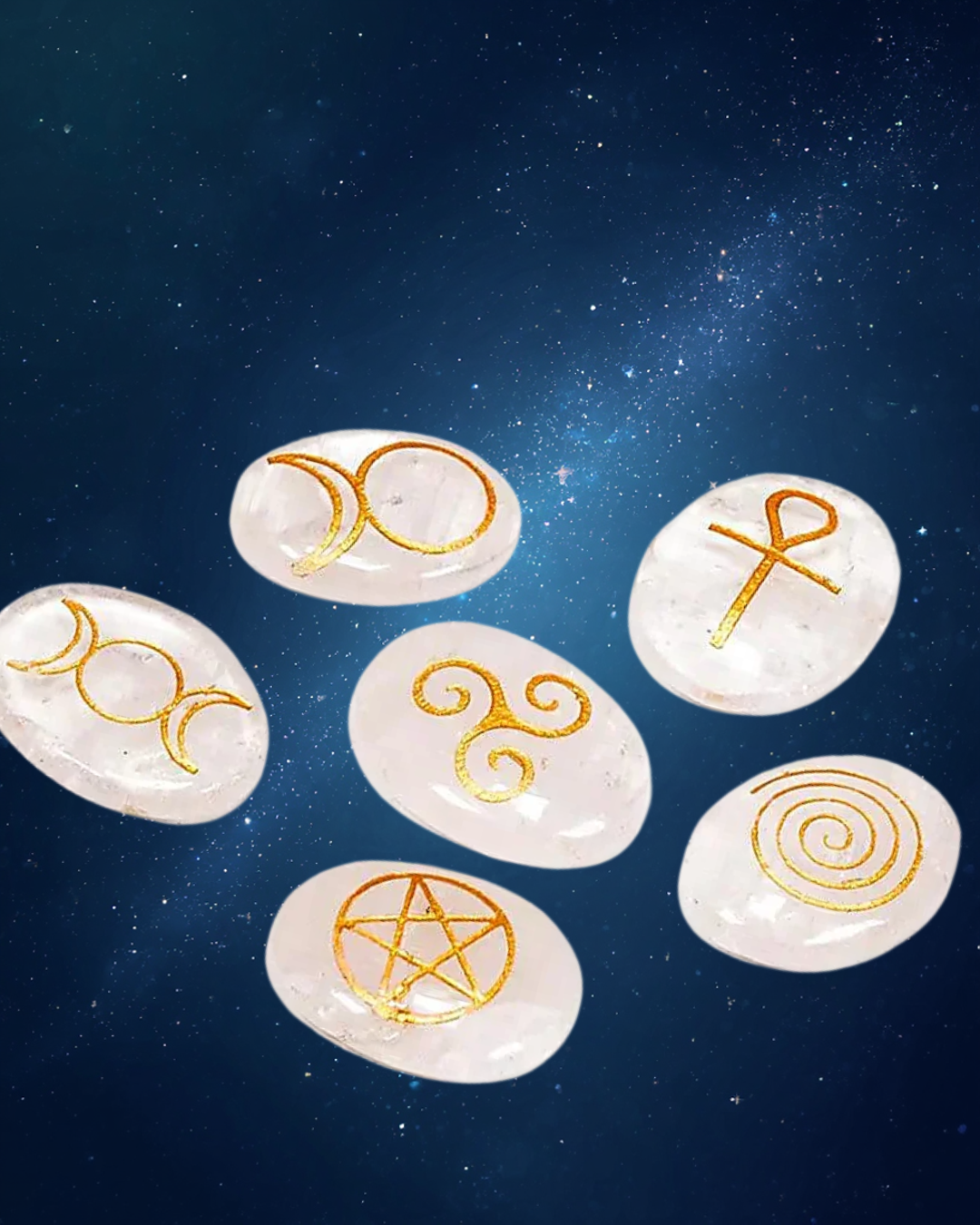 Ensemble Wicca - 6 pierres gravées - Quartz blanc
