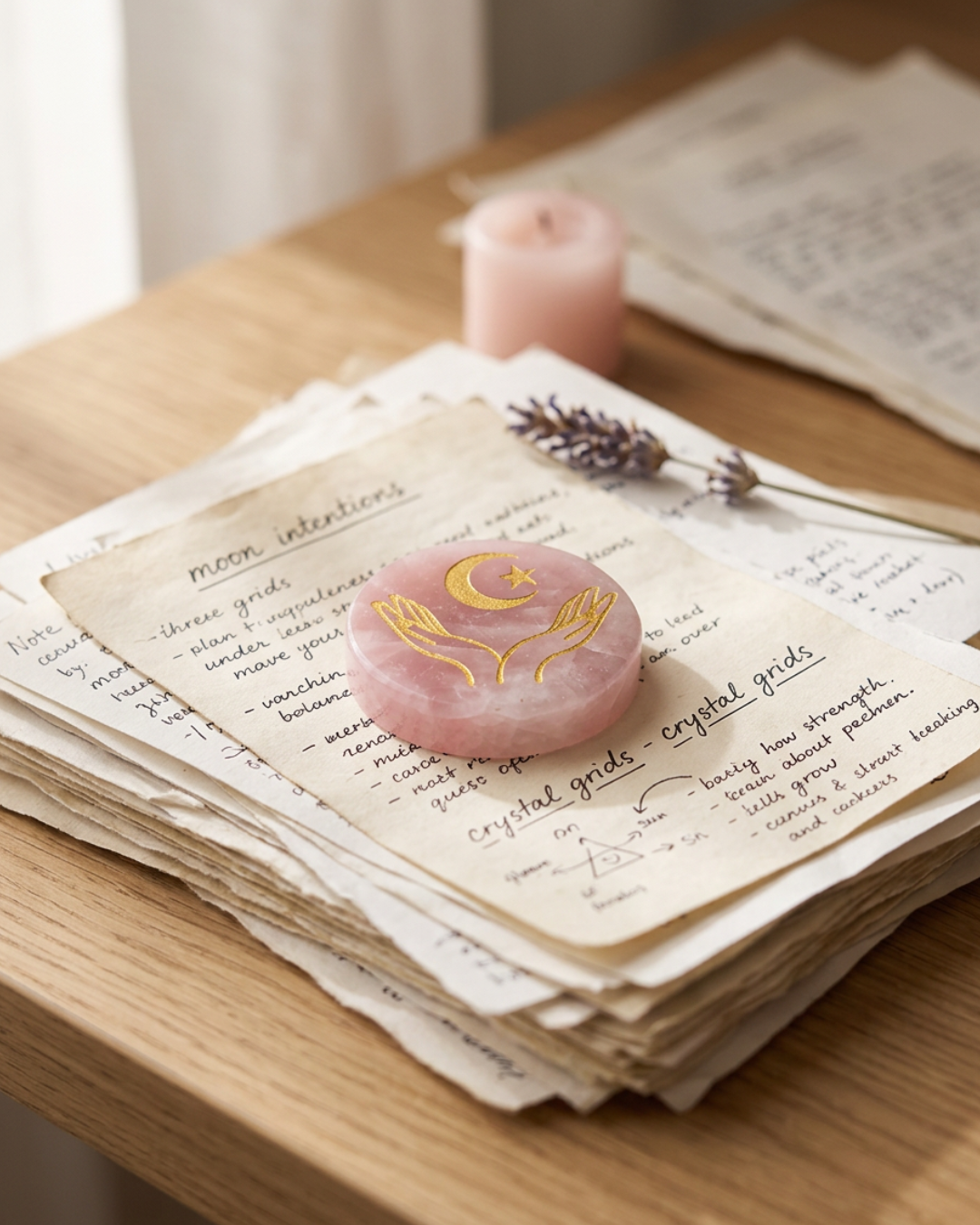 Mains, lune et étoile en Quartz Rose