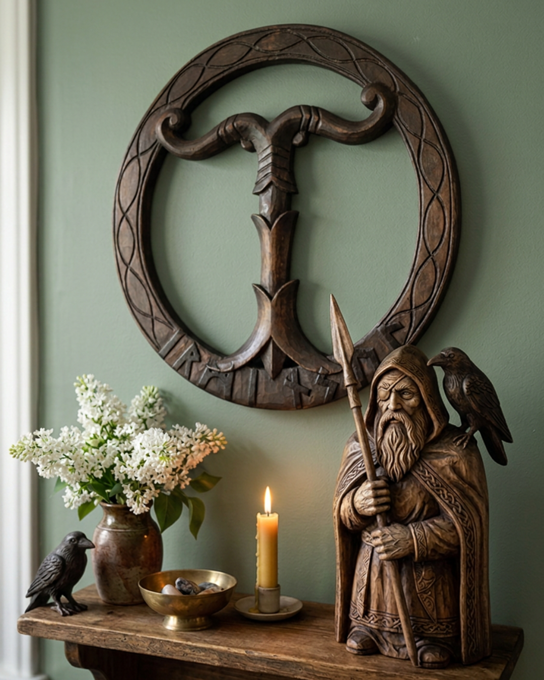 Relief mural Irminsul sculpté en bois