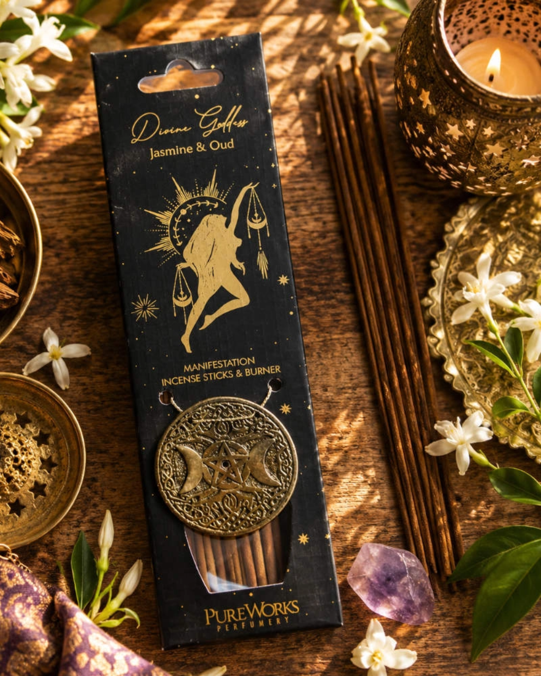encens en bâton jasmin et oud avec porte-encens divine goddess
